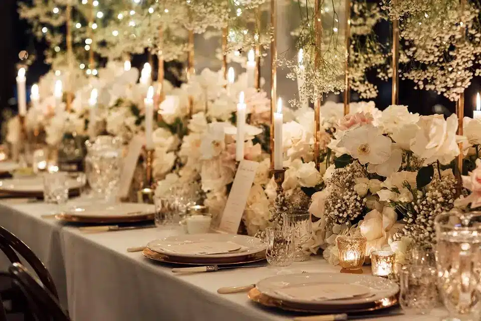 Jaspers Berry Bespoke Traditional Wedding Dinner Floral Canopy Bridal Table Candlelight Brass Crystal Fairy Lights