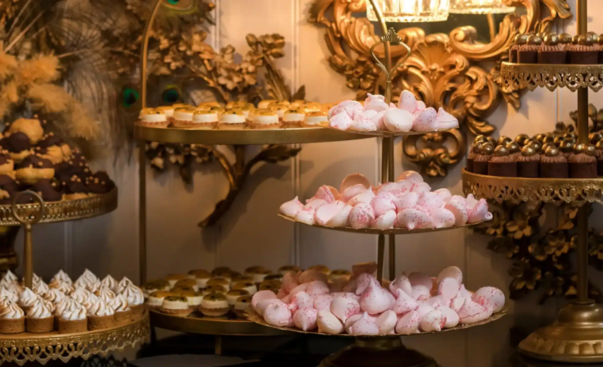 Jaspers Berry Vintage Wedding Gatsby Gold Chocolate Bar Meringue Sweets Tarts Profiteroles Chocolate Truffles