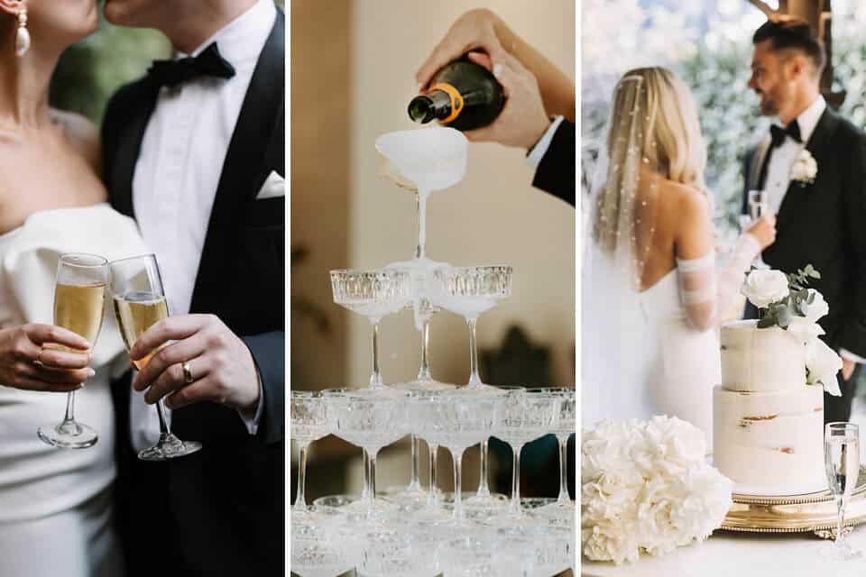 Champagne Tower Wedding Cake Champagne Bride and Groom Cheers Two Tier Cake Bridal Bouquet Luxury Wedding Bespoke Wedding Champagne Flutes Intimate Wedding Jaspers Berry