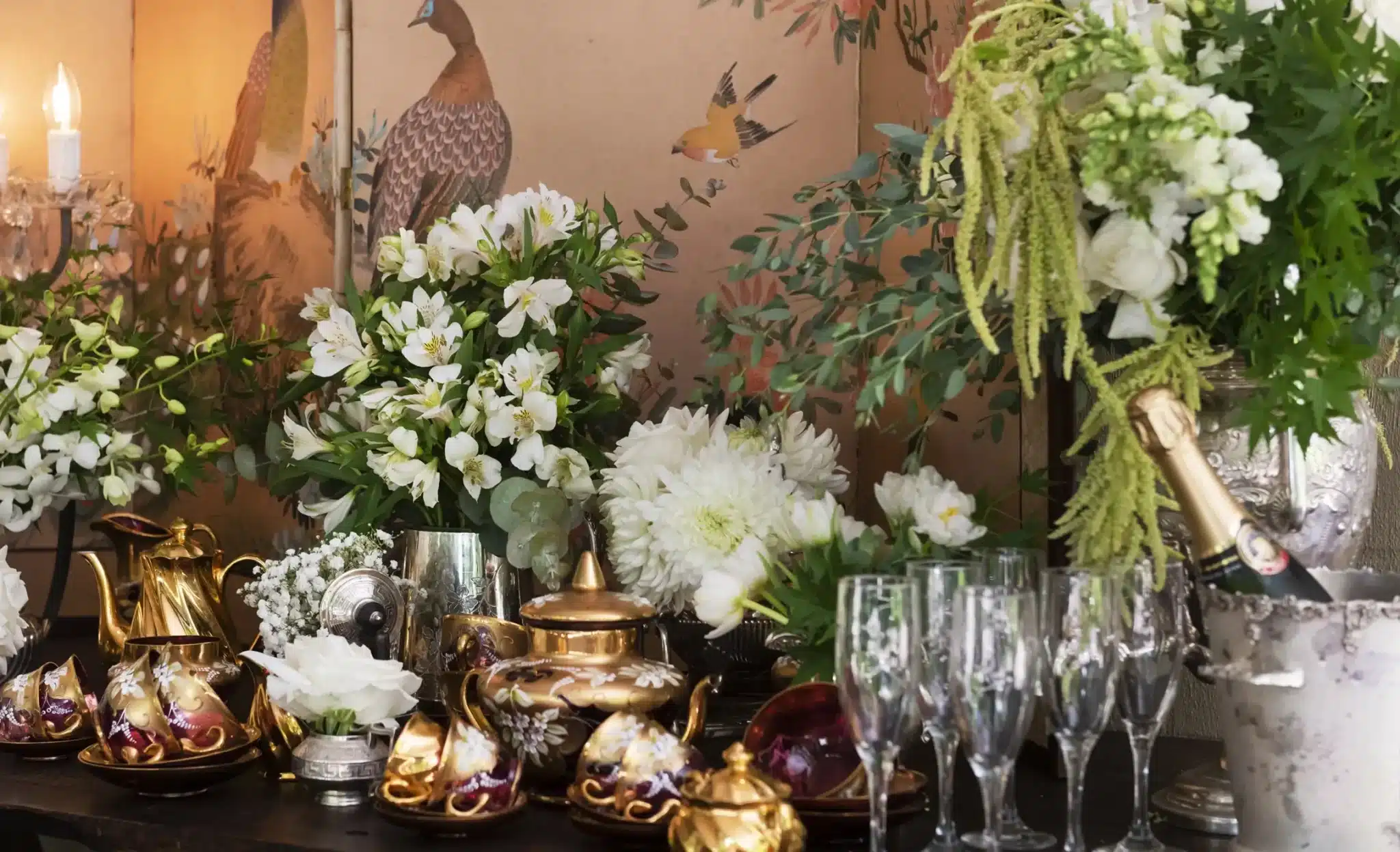 Jaspers Berry High Tea Table Traditional Silver Service Champagne Antique Wedding Florals Garden Party