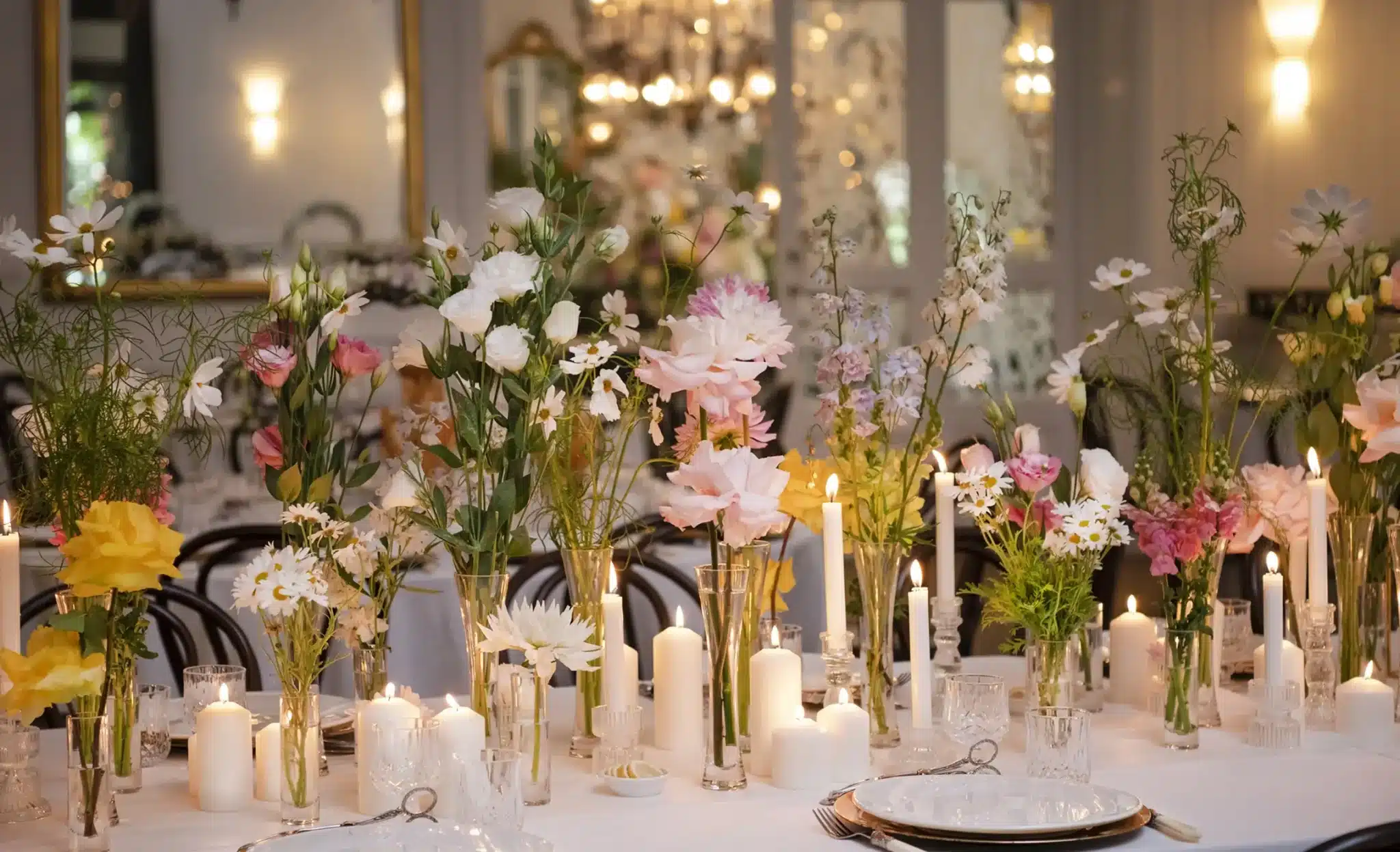 Luxury Bridal Table Field Flowers Bud Vases Candlelight Dinner Garden Wedding Jaspers Berry Tablescape The Orangery