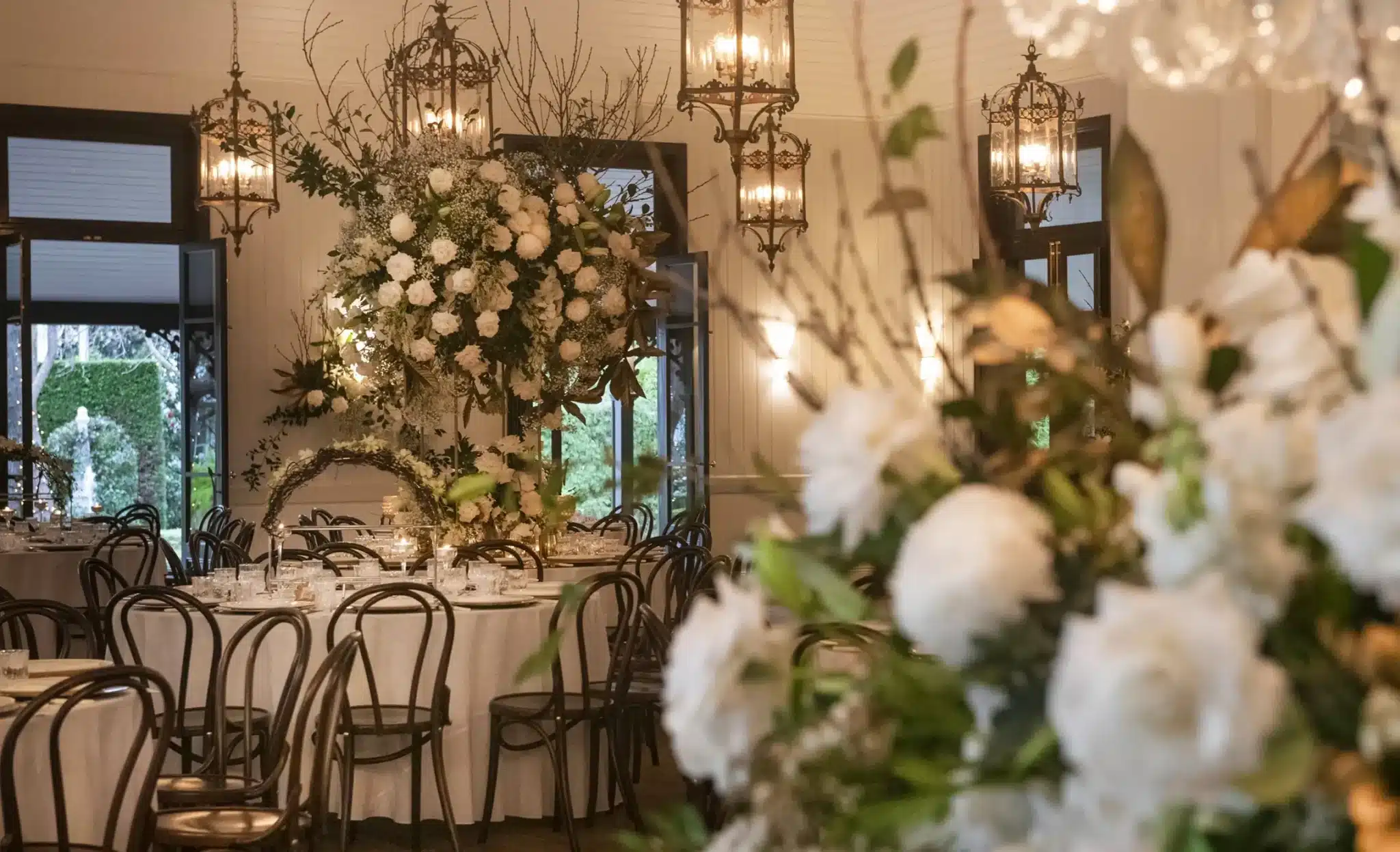Traditional Bridal Table Bespoke Wedding Floral Canopy Brass Carriage Lanterns The Orangery Luxury Reception Service Floral Design Dinner Party Jaspers Berry