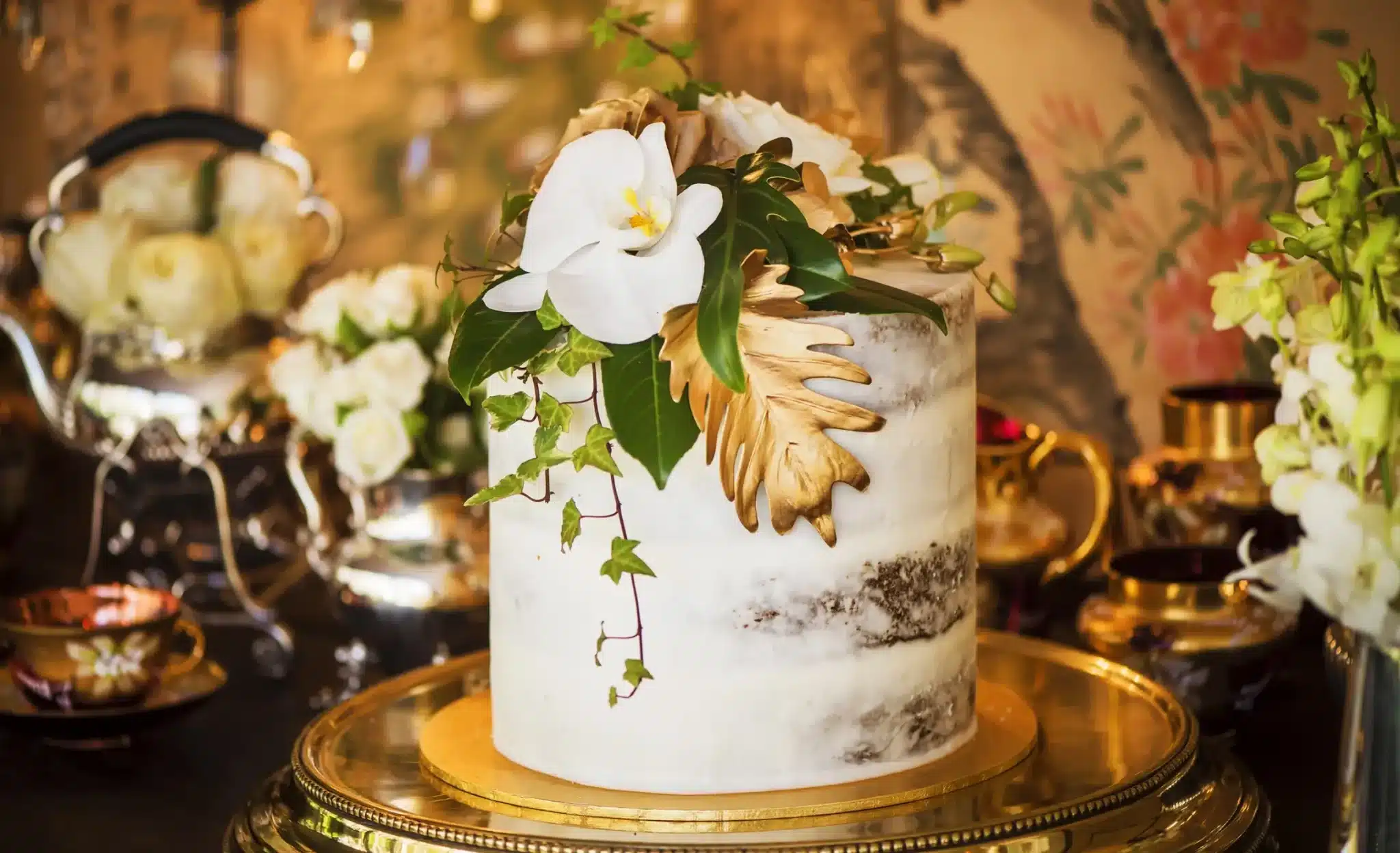 Wedding Cake Colonial High Tea Jaspers Berry Vintage Gold Wedding Garden Party Flowers Silver