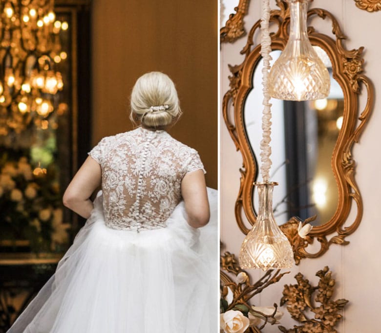 Bridal-Gown-Lace-Tuile-Chandelier-Black-and-White-Marble-Foyer-Gold-Mirrors-Jaspers-Berry-South-Coast-NSW