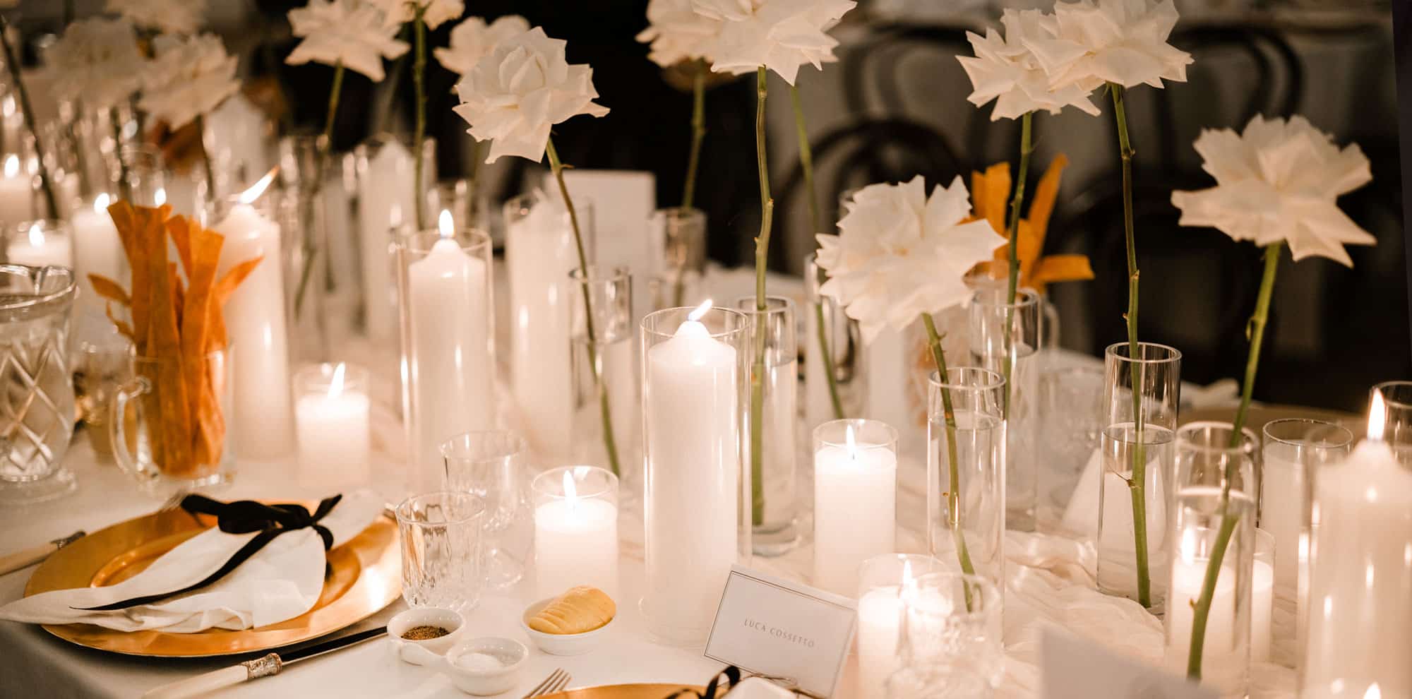 Bud-Vases-Reflexed-White-Roses-Tower-Candles-Gold-Charger-Plate-Long-Bridal-Table-Jaspers-Berry-South-Coast-NSW
