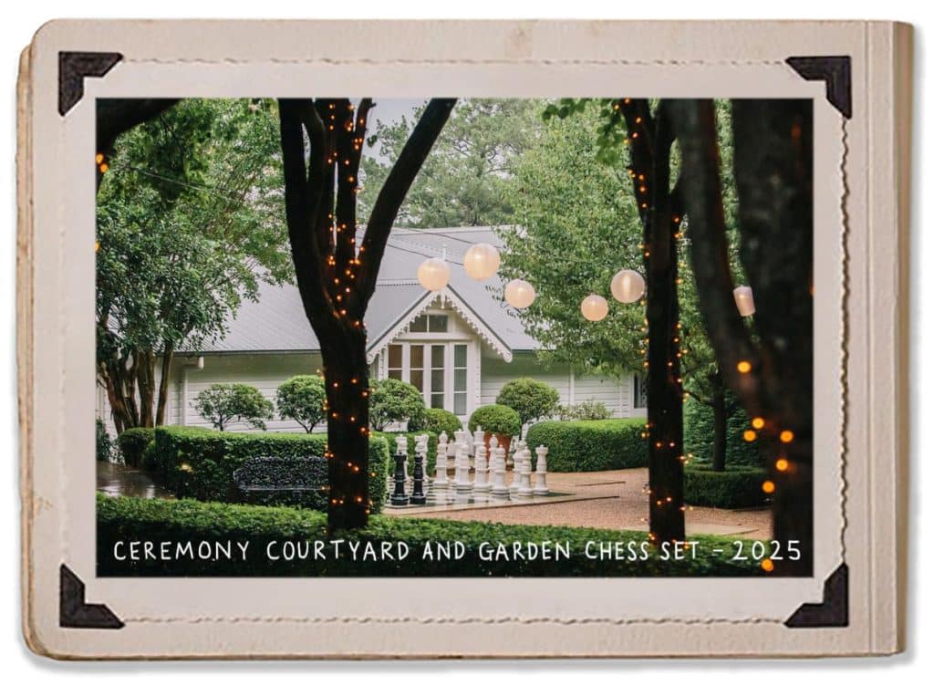 Ceremony Courtyard Garden Chess Set Lanterns Manicured Garden Fairylights 2025 Jaspers Berry History Album2