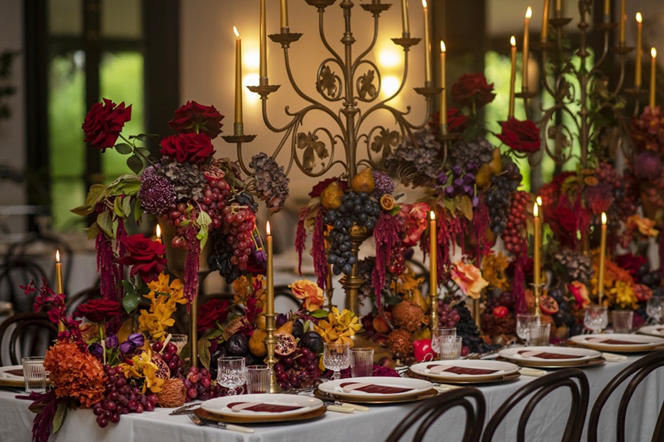 Feasting-Banquet-Table-Persian-Wedding-Gold-Candles-Vintage-brass-Candlesticks-Grapes-Pears-Pomegranate-Orangery-Jaspers-Berry