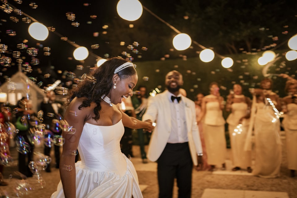 Festoon-Lights-Jazz-Band-Bridal-Couple-White-Tie-Dancing-in-Courtyard-Bubbles-Jaspers-Berry-South-Coast-NSW