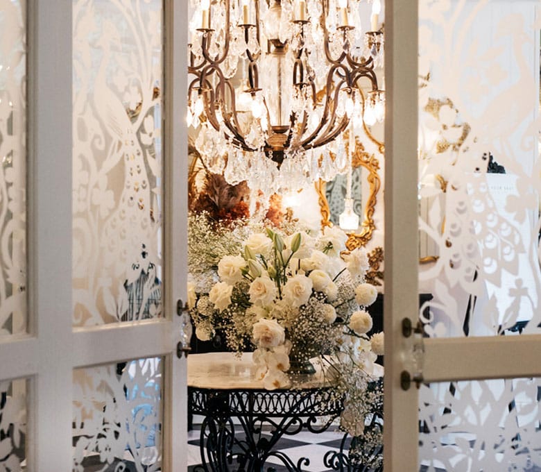 French-Chandelier-Gilt-Mirrors-Babys-Breath-Roses-Black-and-White-Marble-Floor-Jaspers-Berry