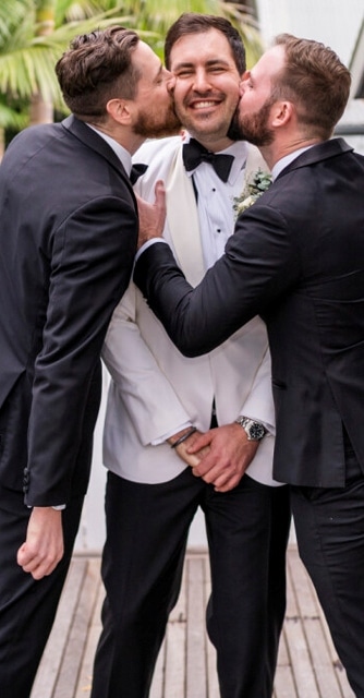 Groom and Groomsmen Kissing White Tie Club Lounge Buttonhole Vintage Jaspers Berry South Coast NSW