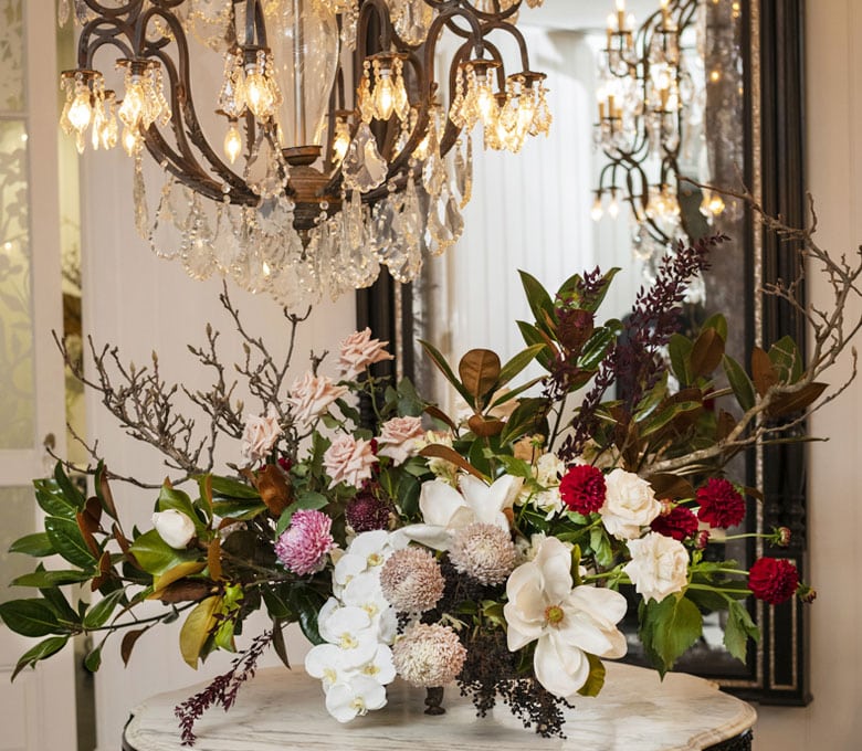 Jaspers-Berry-South-Coast-Marble-Foyer-Bespoke-Flower-Table-Chandelier-Magnolia-Antique-Mercury-Mirror