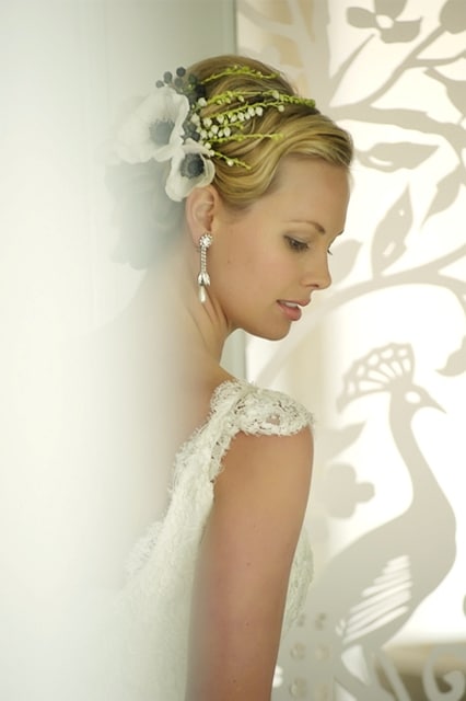 Luxury Bridal Salon Hair Floral Piece Diamond Earrings Lace Gown Hair and Makeup Jaspers Berry South Coast NSW