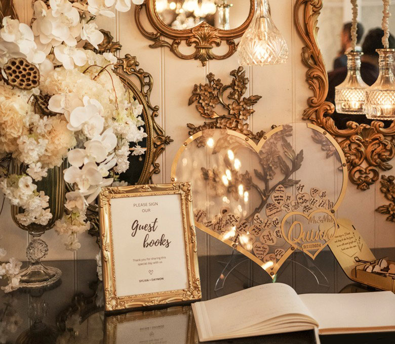 Memorabilia-Gold-Frames-Side-Board-Guest-Book-Black-and-White-Marble-Foyer-Jaspers-Berry-South-Coast-NSW