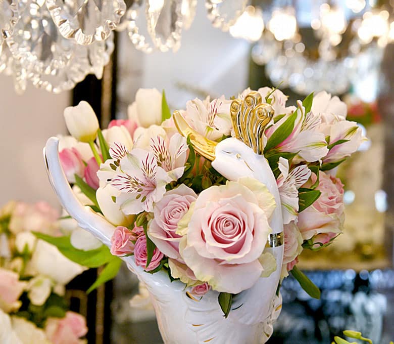 Vintage-Pink-Roses-Chandelier-Flower-Table-Marble-Foyer-Jaspers-Berry-South-Coast