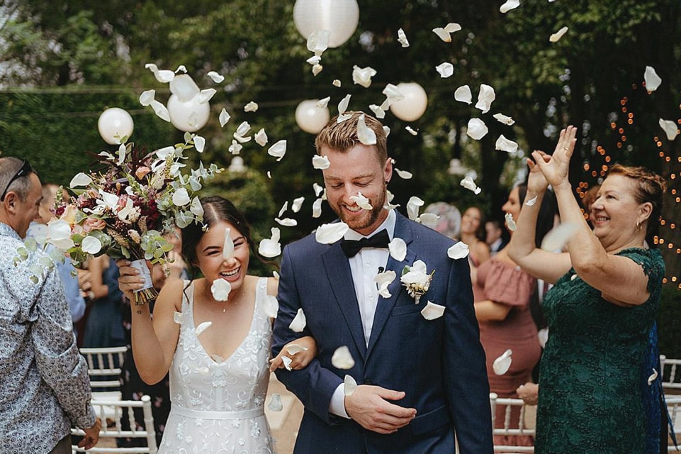 Bridal Couple White Rose Petals Ceremony Courtyard Jaspers Berry South Coast NSW