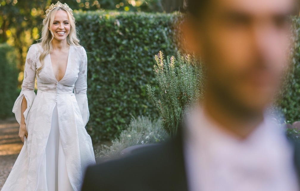 First Look Bride and Groom Black Tie Luxury Wedding Venue Jaspers Berry South Coast NSW