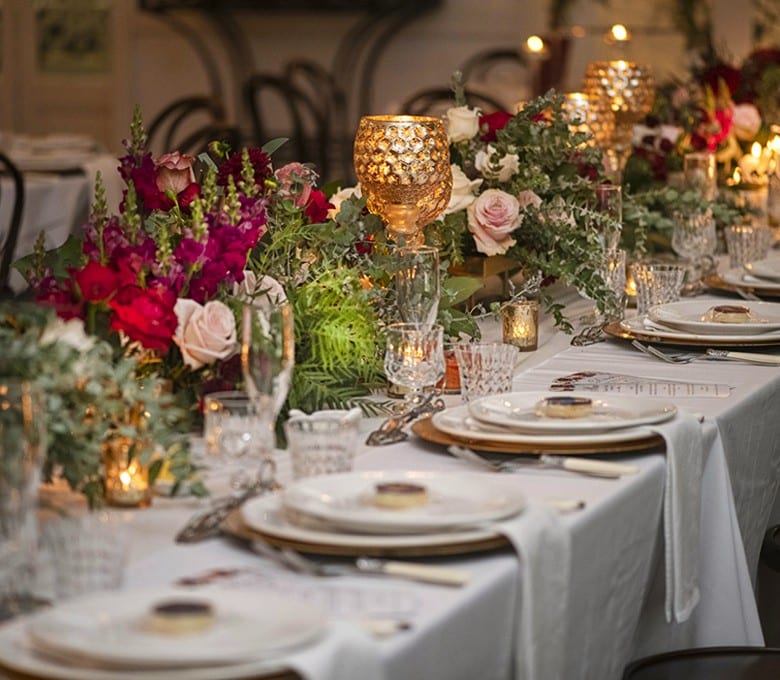 Gold Goblets Gold Charger Plates Red Roses Candlelight Long Bridal Table The Orangery Jaspers Berry