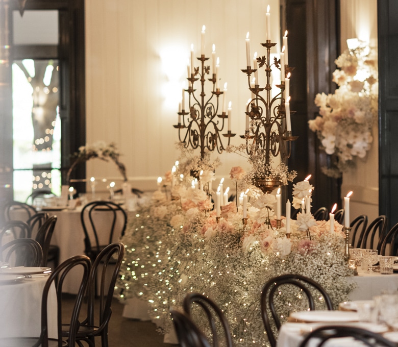 Long Bridal Table Vintage Brass Candelabras Candlesticks Fairy Lights Pink Roses The Orangery Jaspers