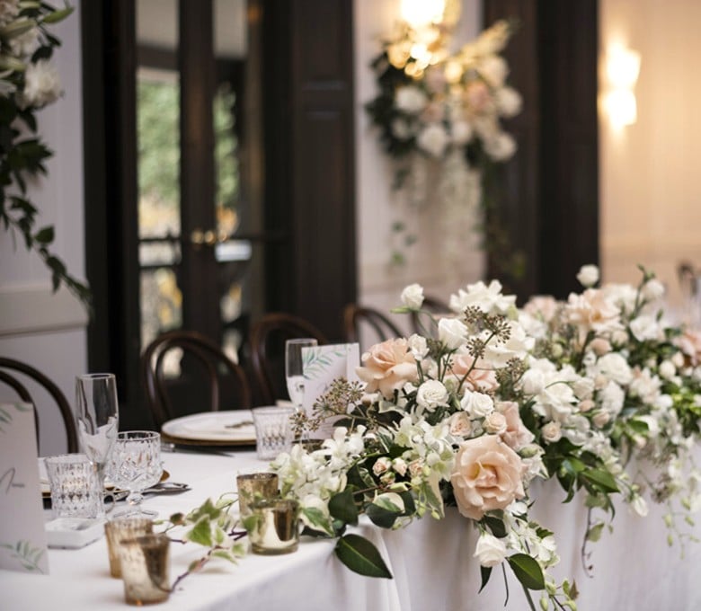 Bridal Tabletop Florals Long Bridal Table Wall Vase Gold Tea Lights The Orangery