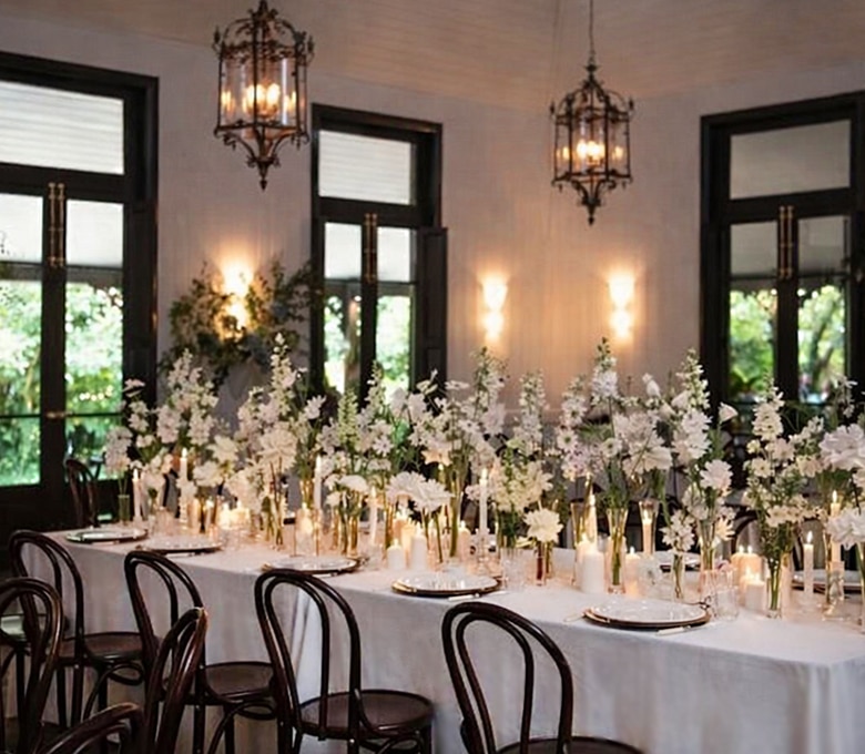 King Banquet Bridal Table Bud Vases Tapered Candles Tealights White Roses The Orangery Jaspers