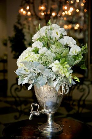 Green white and silver bridal floral arrangement