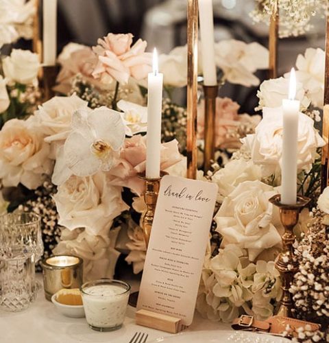 Babys-Breath-Pastel-Roses-Vintage-Brass-Candle-Sticks-Bespoke-Menu-Jaspers-Berry