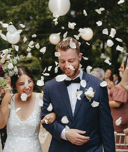 Bridal Couple White Rose Petals Ceremony Courtyard Jaspers Berry South Coast NSW
