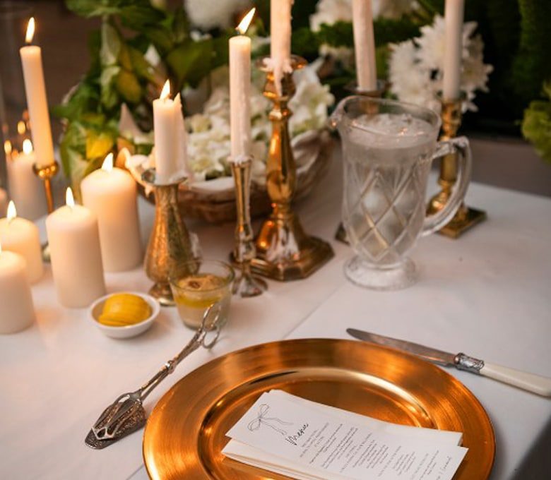 Gold Charger Plate Vintage Brass Candlesticks Tower Candles Sweetheart Bridal Table The Orangery Jaspers Berry
