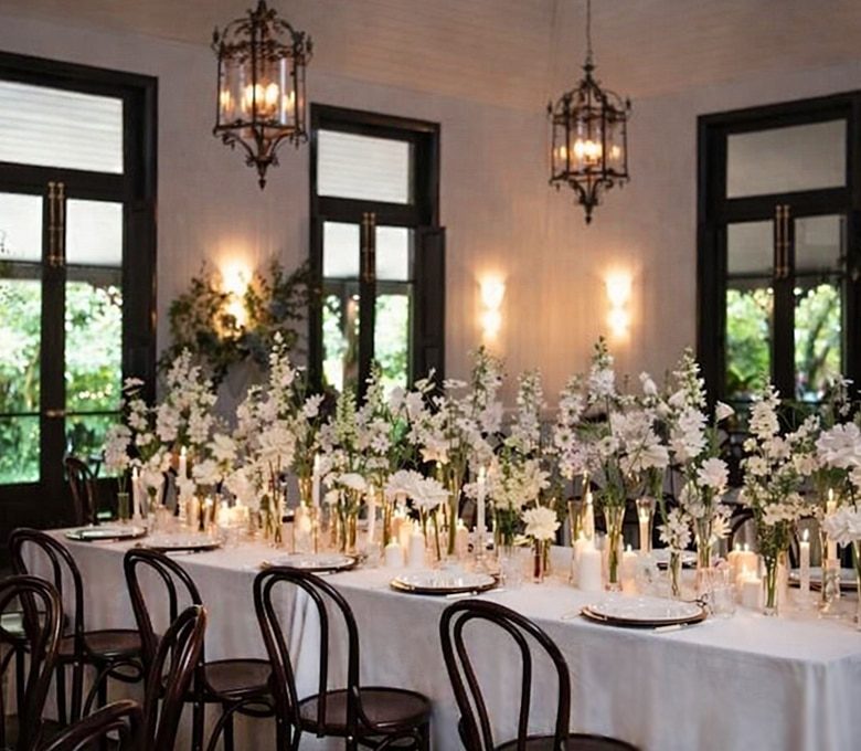 King Banquet Bridal Table Bud Vases Tapered Candles Tealights White Roses The Orangery Jaspers Berry South Coast NSW