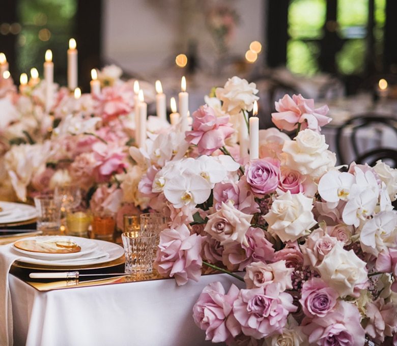 Reflexed Vintage Pink Roses Phalaenopsis Orchids Tapered Candles Gold Mirror Tabletop Crystal Glassware The Orangery Jaspers Berry South Coast NSW