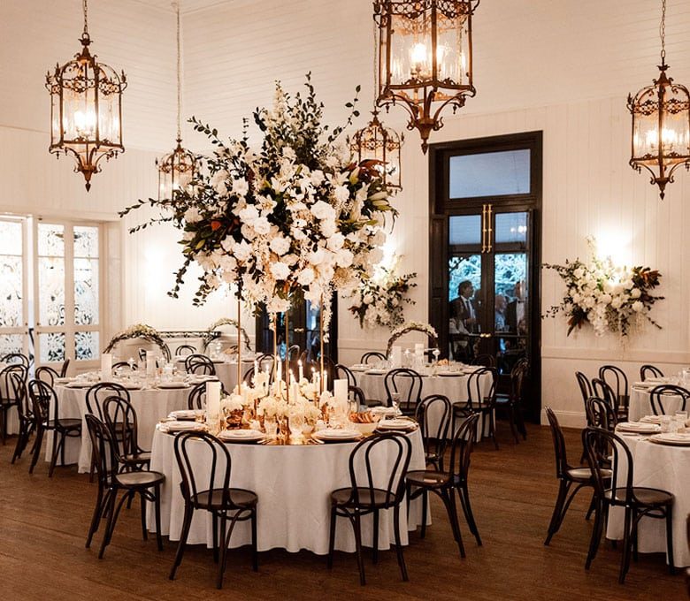 Round-Bridal-Table-Flower-Canopy-Gold-Mirror-Brass-Carriage-Lanterns-Tapered-Candles-The-Orangery-Jaspers-Berry-South-Coast-NSW-