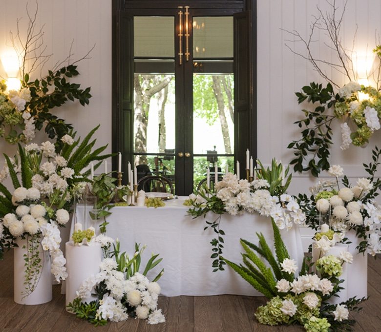 Sweetheart Bridal Table White Roses Wall Vases Brass Candlesticks Jaspers Berry