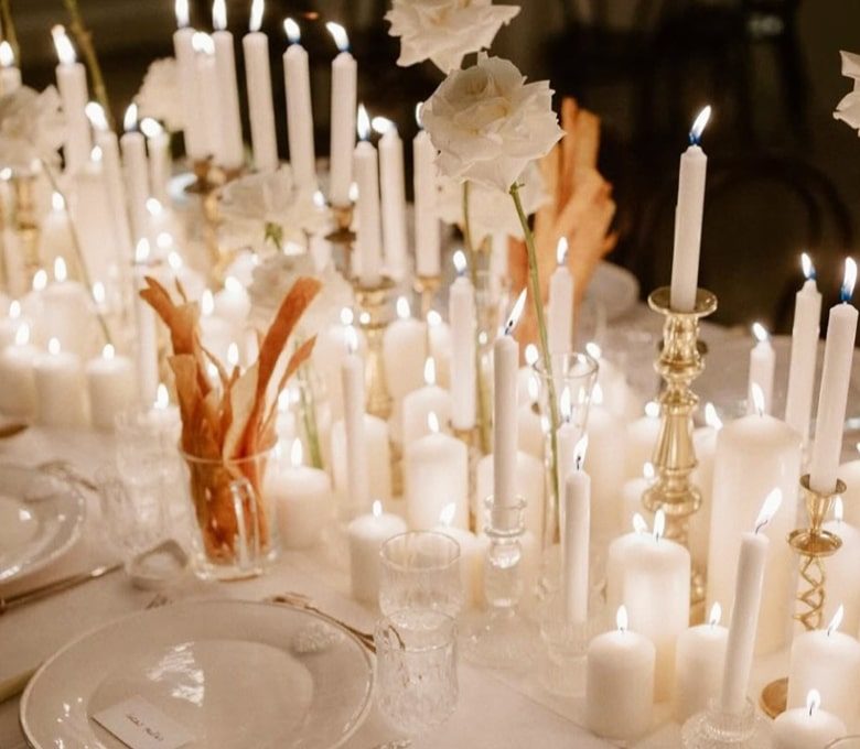 Tapered Candles Pillar Candles Tealights Vintage Brass Candlesticks Long Stemmed White Roses Crystal Glasses The Orangery Jaspers Berry South Coast NSW