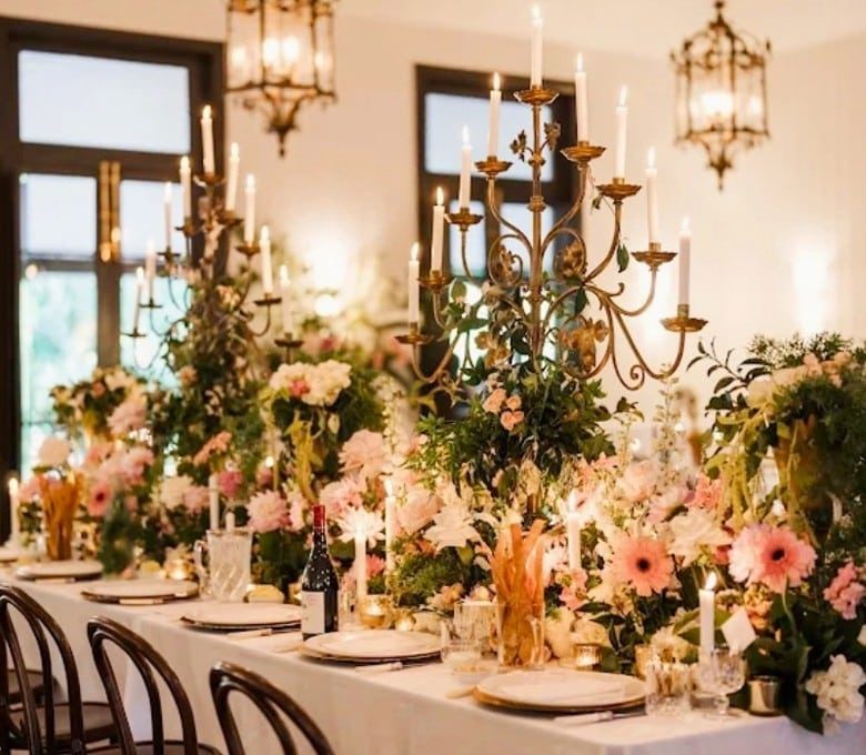 The Orangery Brass Carriage Lanterns Brass Candelabras Tapered Candles Floral Runner Jaspers Berry South Coast NSW