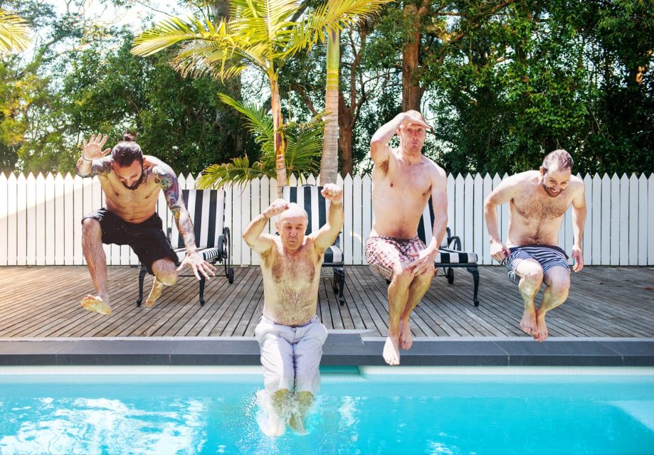 Traditional Guest House Pool Party Wedding Guests Groomsmen Jaspers Berry